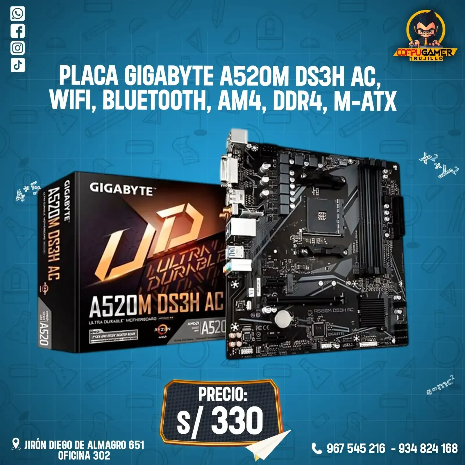 PLACA GIGABYTE A520M DS3H AC, WIFI, BLUETOOTH, AM4, DDR4, M-ATX 