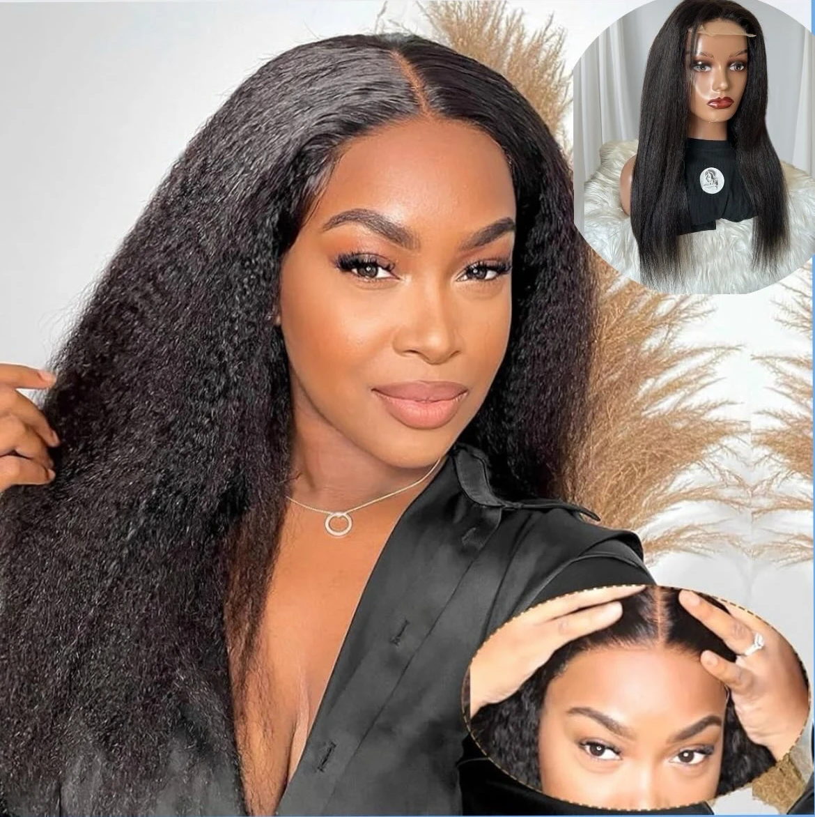 Peluca cabello humano yaki de 22 pulgada, frontal lace 4x4 