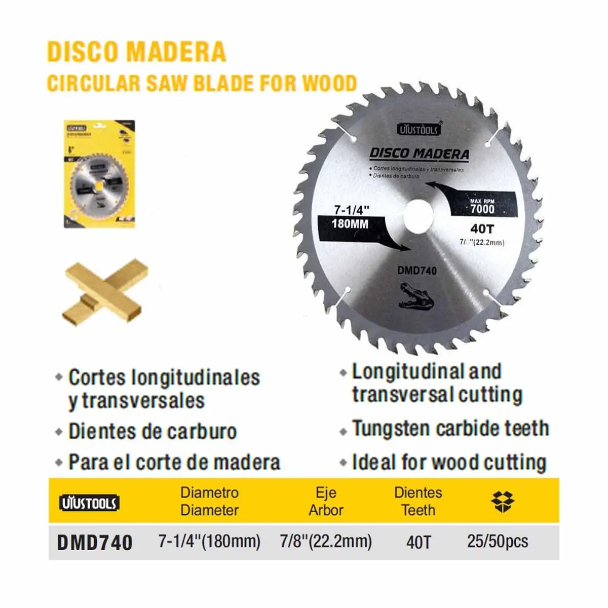 DISCO CORTE MADERA 7.1/4" x 40 Teeth UYUST (180mm)