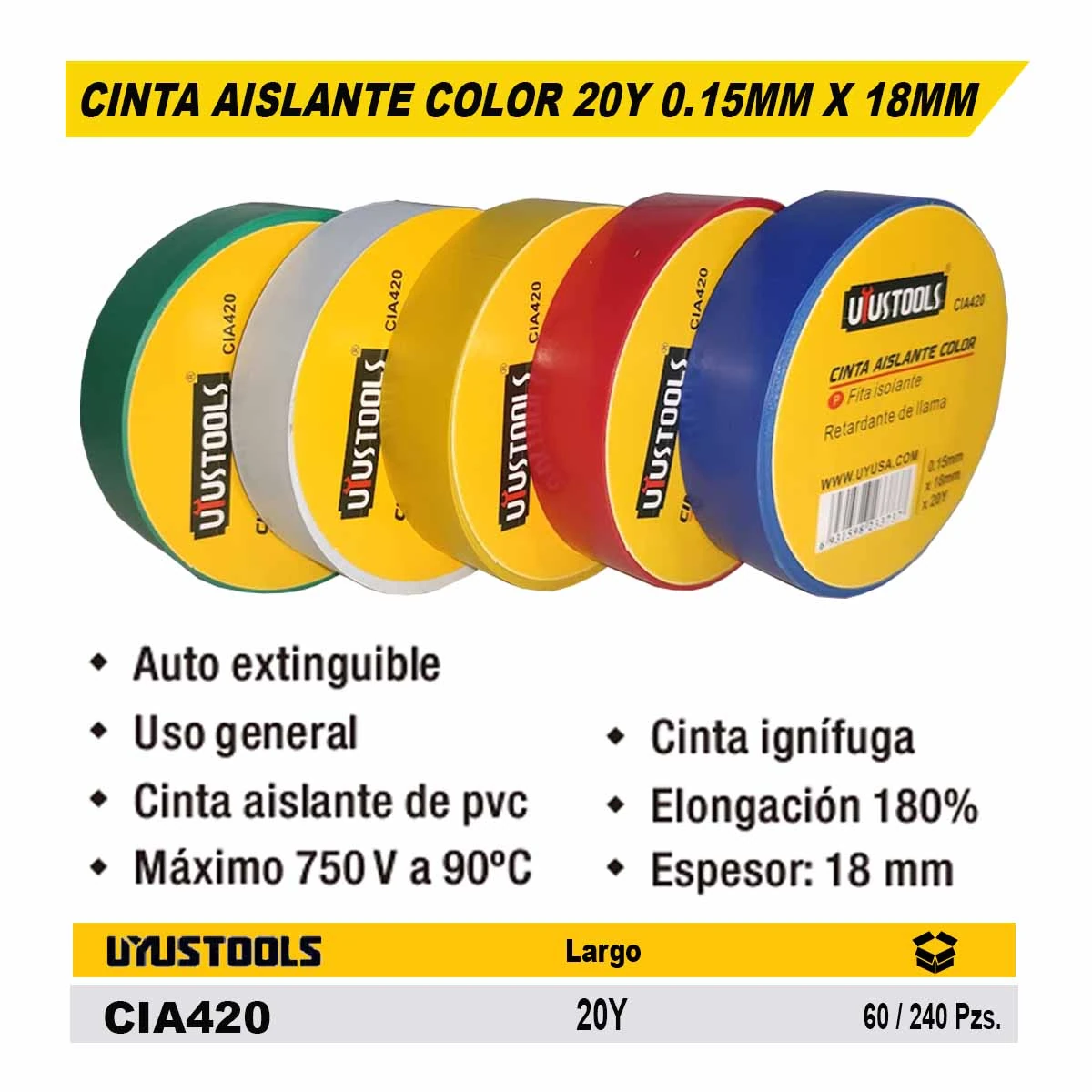 CINTA AISLANTE COLORES 20 Yard UYUST 0.15MMX 18MM