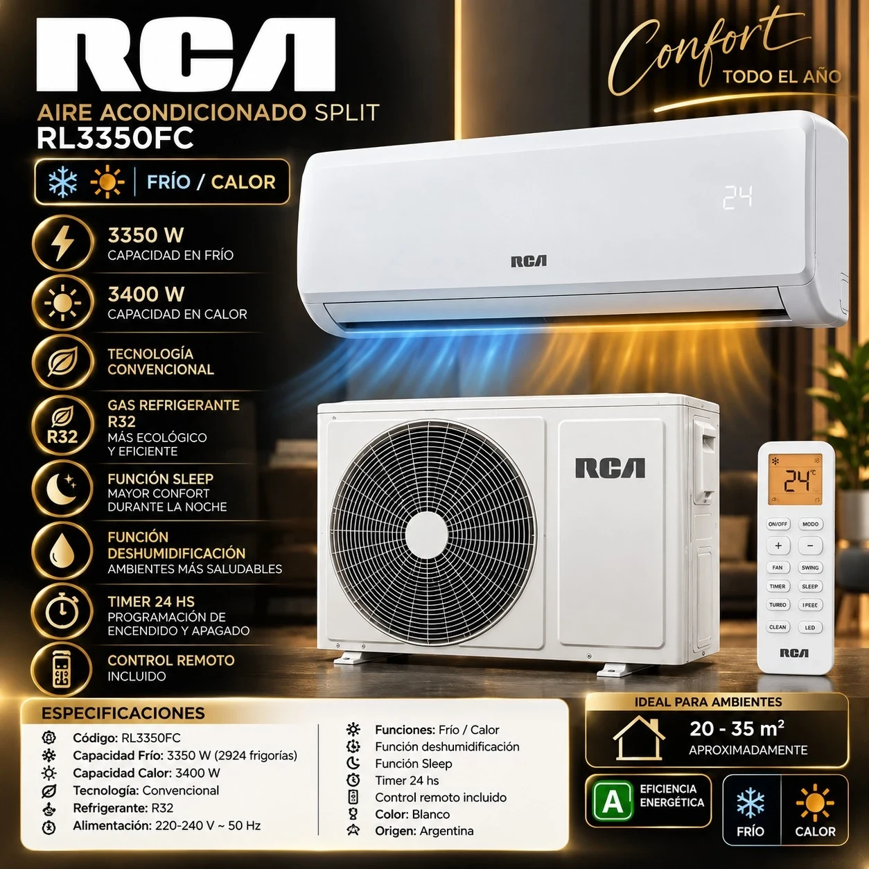 AIRE ACONDICIONADO RCA SPLIT FRIO/CALOR 3350W *CONSULTA DISPONIBILIDAD CON EL VENDEDOR*