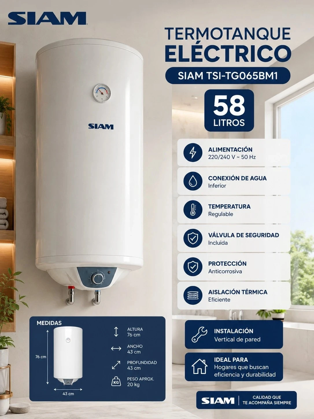 TERMOTANQUE ELÉCTRICO SIAM 58 LTS TG065BM1 