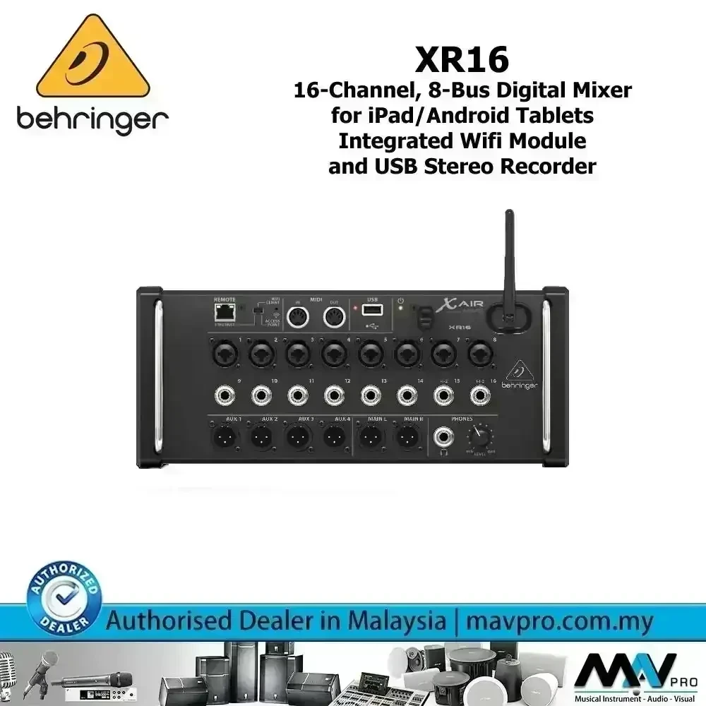BEHRINGER (XR16)   Mezclador digital de 16 entradas controlado por iPad/Android para aplicaciones de estudio y en directo.Enrutador Wifi Tri-Mode integrado para funcionamiento directo—sin necesidad de enrutadores externosLa mezcla automática de estilo Dugan gestiona automáticamente la ganancia del micrófonoConector USB para grabación WAV estéreo sin comprimir y reproducción100 bandas Analizador de tiempo real (RTA) para todos los canales y bus EQ'sRack orejas y parachoques de protección incluidos para aplicaciones en rack flexibles y aplicaciones en el escenario 6 buses aux y LR principal con inserciones, procesamiento dinámico completo y 6 salidas auxiliares paramétricas o gráficas de 31 bandas EQ4 XLR aux y 2 salidas principales XLR más teléfonos connectorMIDI Entrada/Salida permite controlar el mezclador a través de equipos MIDI (incl. Protocolo de control Mackie)Fuente de alimentación interna de modo conmutador para un audio sin ruido y bajo consumo de energía