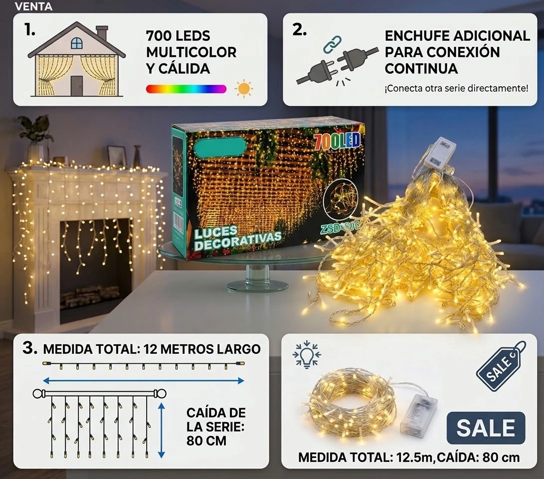 cascada led 700 led. 12 metros 