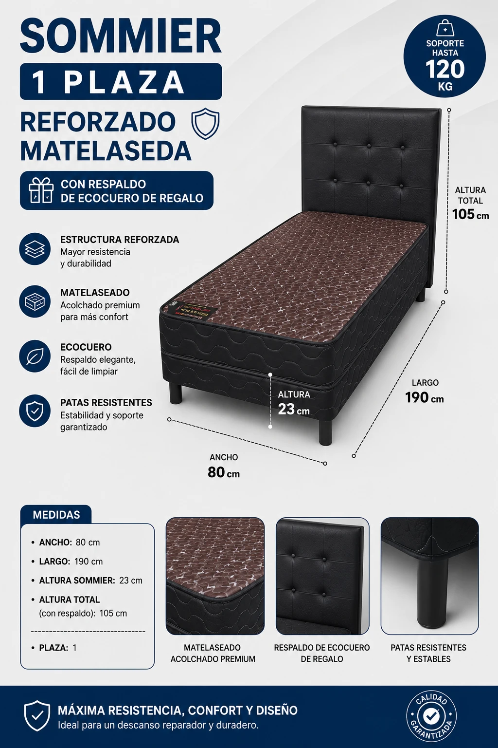 SOMMIER DE 1 PLAZA REFORZADO + RESPALDO DE ECOCUERO 