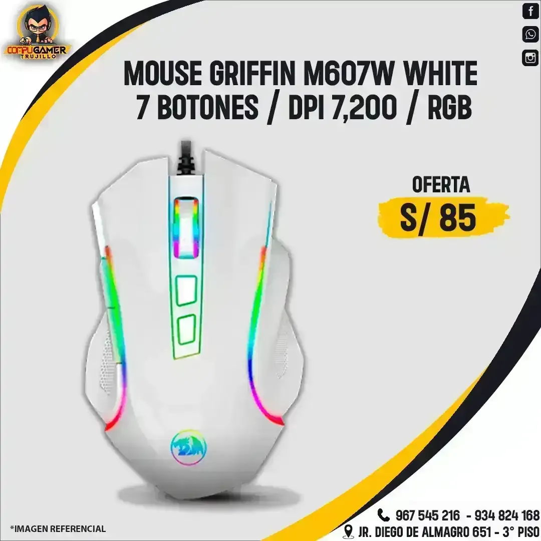 MOUSE GAMER REDRAGON GRIFFIN M607W RGB WHITE 