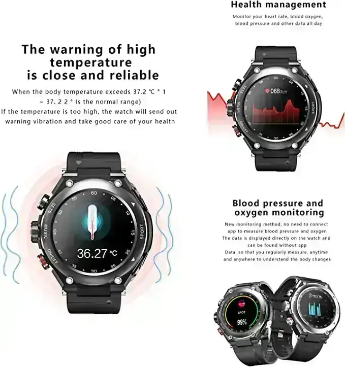 Reloj inteligente T92 con auriculares MP3 Bluetooth 3 en 1 de 1.28 pulgadas, auriculares inalámbricos incorporados, altavoz, rastreador de fitness, música, temperatura corporal, monitor de frecuencia cardíaca (negro) 4