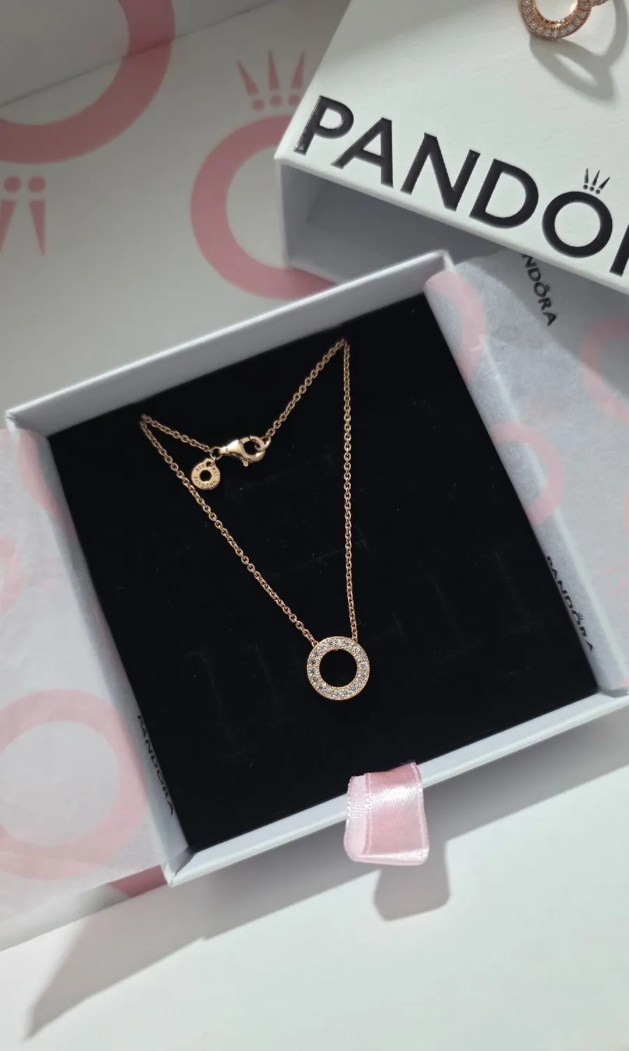 Pandora hearts of circle pave rose gold 14k necklace 