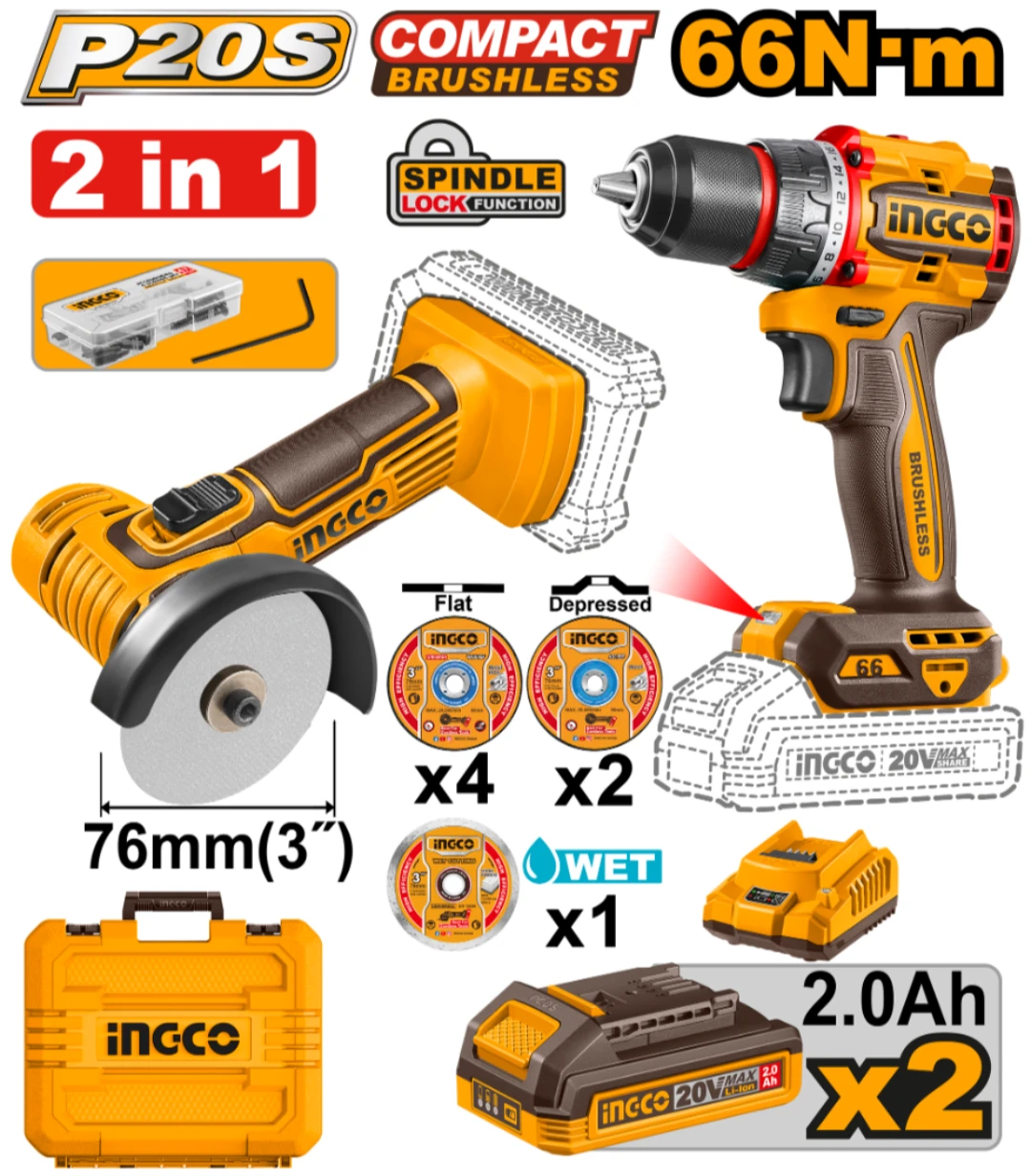 KIT A BATERIA P20S 20V MINI AMOLADORA 3" MULTIFUNCION + TALADRO ATORNILLADOR 66NM + 2BAT, CARGADOR, VALIJA Y ACCESORIOS