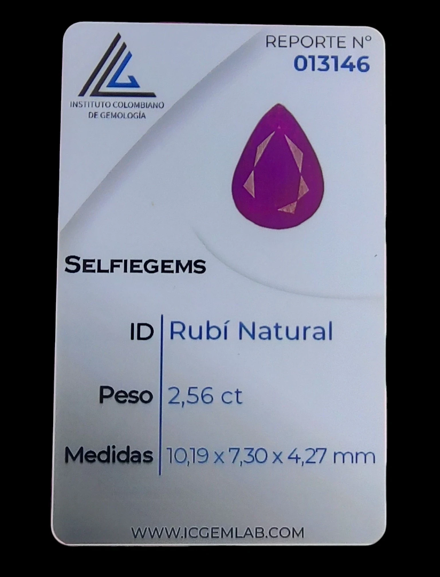 Rubi certificado natural de 2.56 quilates