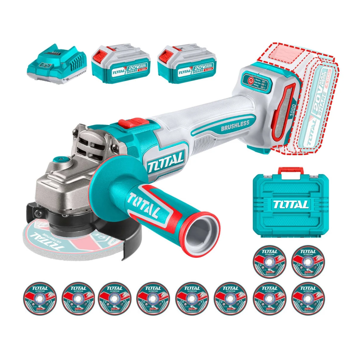 TAGLI271532 Amoladora 4½" 20v + 2 baterías 4ah y cargador total