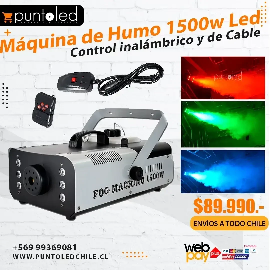 💥🇧🇴 MAQUINA DE HUMO DE 1500W. LED 🇧🇴💥    Diseñado para instalaciones permanentes como escenarios, clubes nocturnos y centros de diversión.  -1500W -6 Leds RGB (Red, Green, Blue 3 en 1) -Led strobe efecto rápido / lento -LED multifunción -Tiempo de calentamiento: 5min -Tiempo de recalentamiento: 40 segundos -Capacidad del tanque: 1 litro -Indicador de nivel de fluidos -Interruptor de encendido/apagado en el panel posterior - Incluye control remoto inalámbrico -Utilice únicamente líquido de humo -Dimensiones (LxWxH): 460x250x150mm