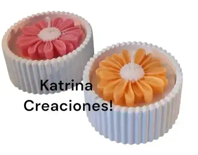 Velas de soja y margarita en recipiente de yeso.