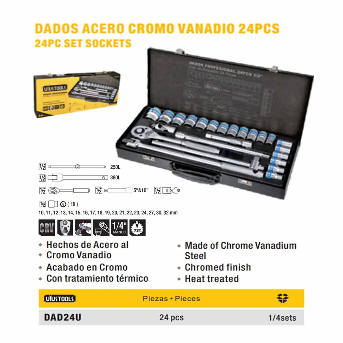 MALETA METALICA DE DADOS UYUST 1/2" de 24 PZ