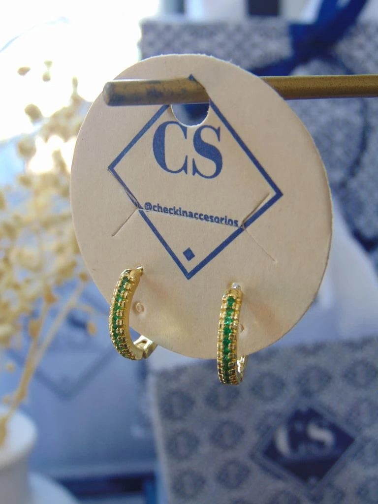 CANDONGAS RODIO DOR LINEA CIRCONES VERDE 1.3CM 2
