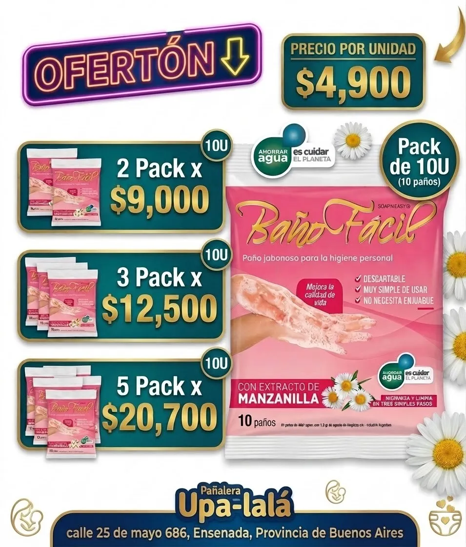 BAÑO FACIL MANZANILLA (PAÑOS JABONOSOS (SIN ENJUAGAR) X 10 PADS X 20 PAQ