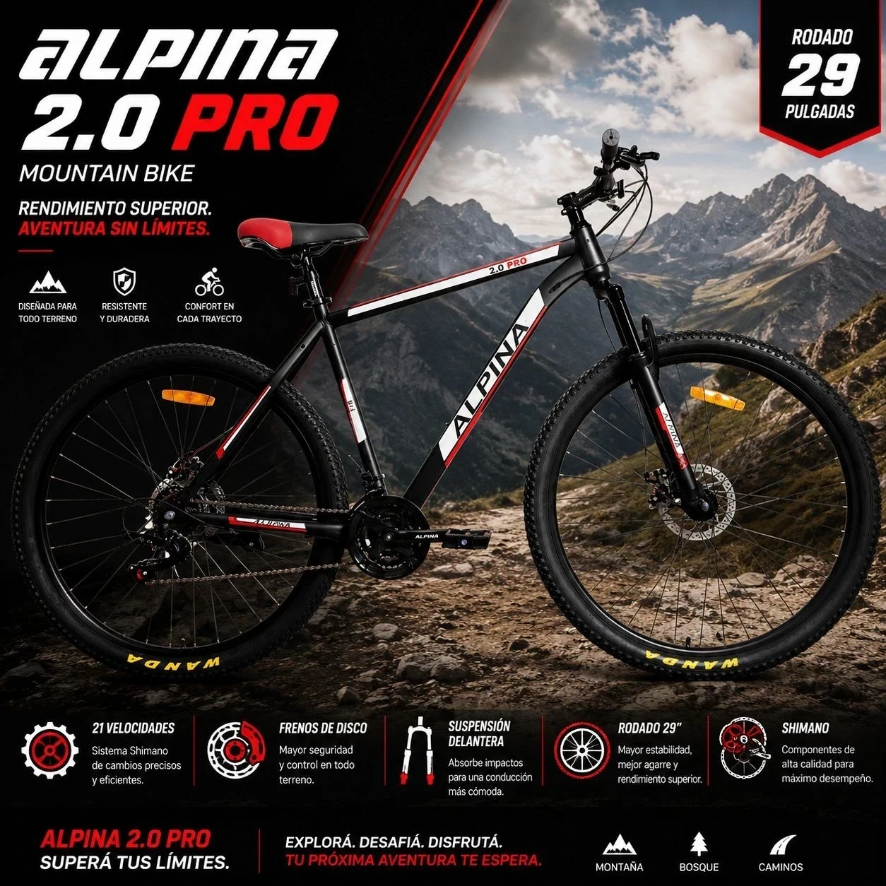  *Bicicleta 2.0 Pro Alpina Mountain Bike Rodado 29 21 Vel Shimano Freno Disco*