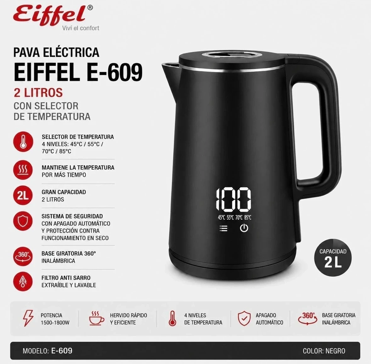 PAVA ELÉCTRICA EIFFEL DIGITAL C/SELECTOR DE  TEMPERATURA 2LTS