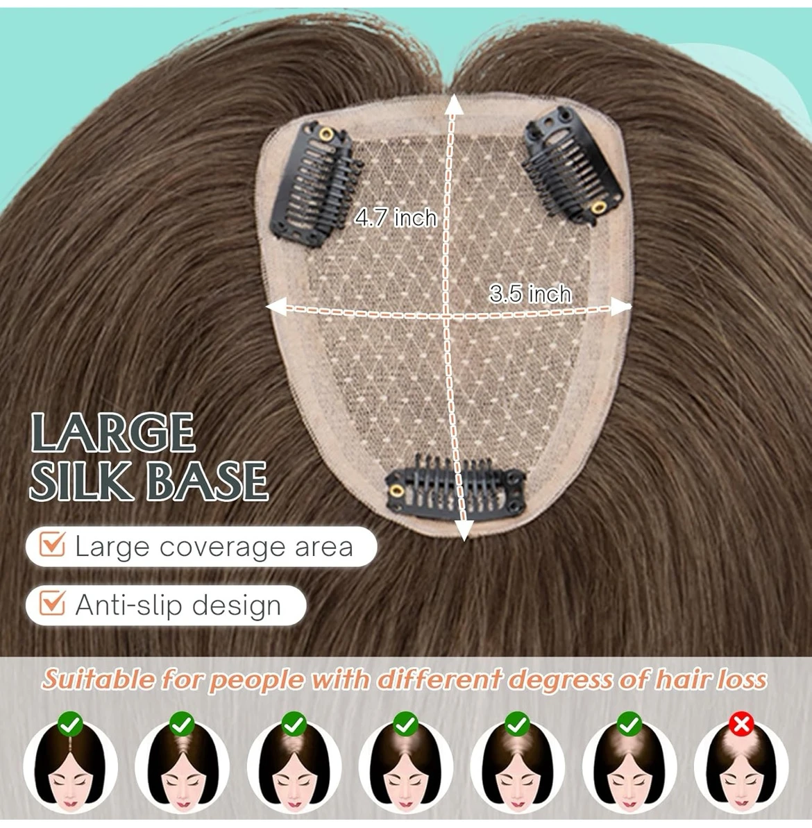 Topper de cabello humano, base de seda de 3.5 x 4.7 in, sin flequillo, densidad del 150%, pieza de cabello 100% Remy para cabello fino, marrón oscuro, 12 pulgadas 3
