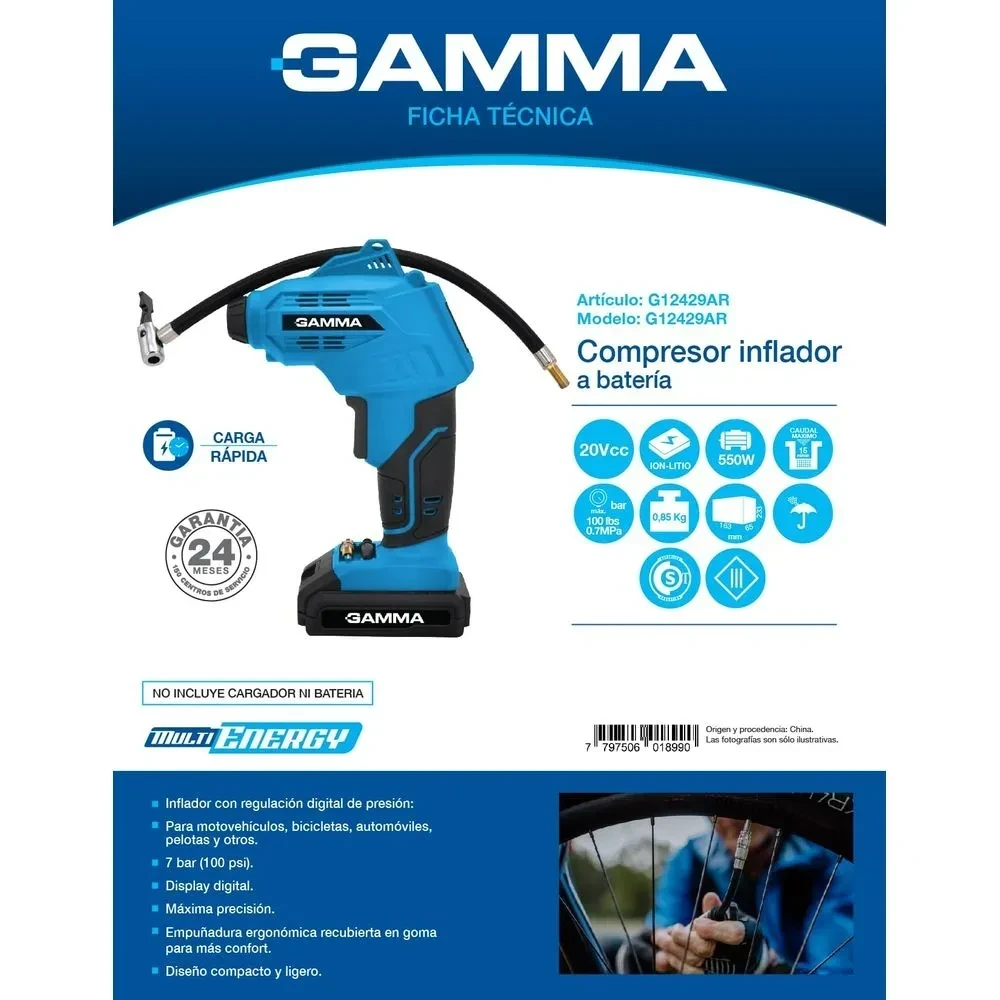 Compresor inflador a batería GAMMA- No incluye bateria G12429AR
