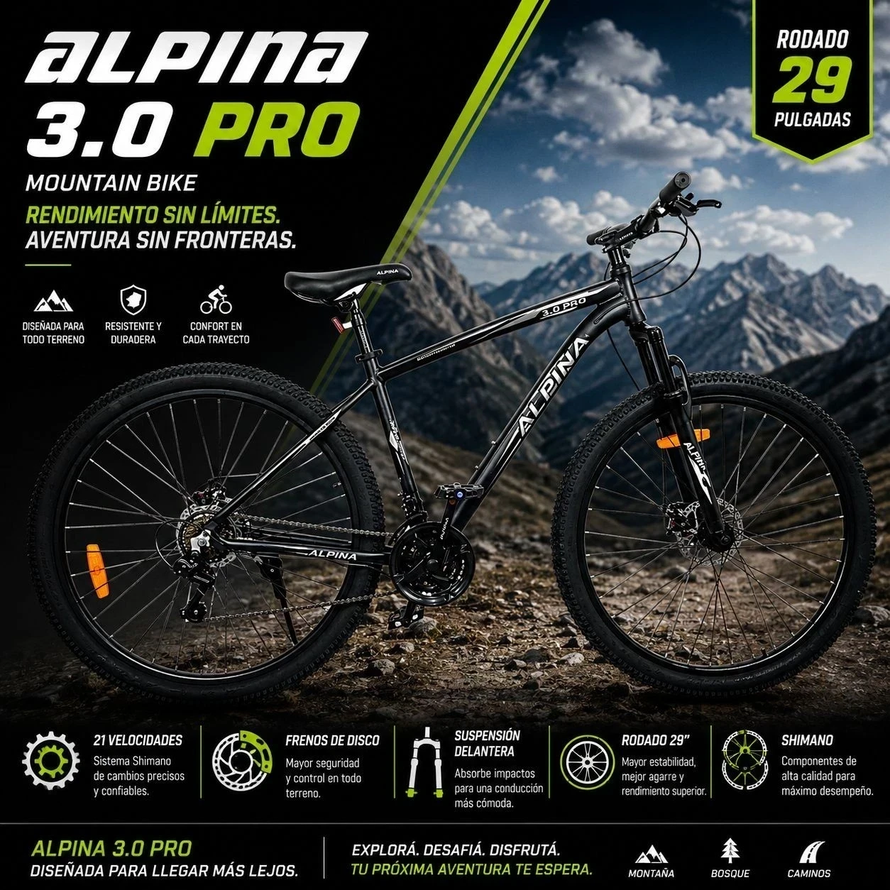Bicicleta 3.0 Pro Alpina Mountain Bike Aluminio Rodado 29 21 Vel Shimano Freno Disco*