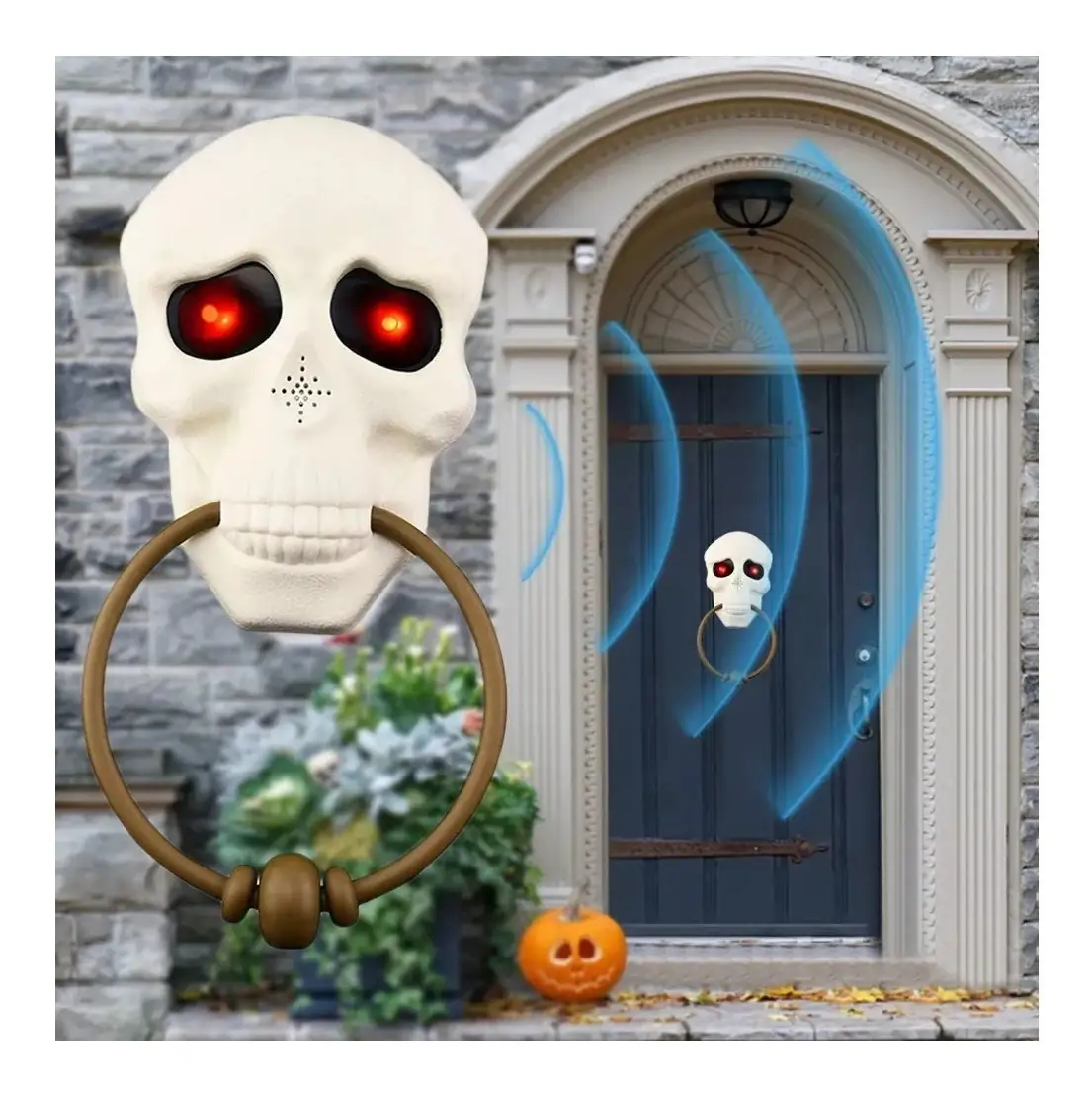 Adorno Halloween Día de muertos Timbre puerta calavera con LED y sonido  2