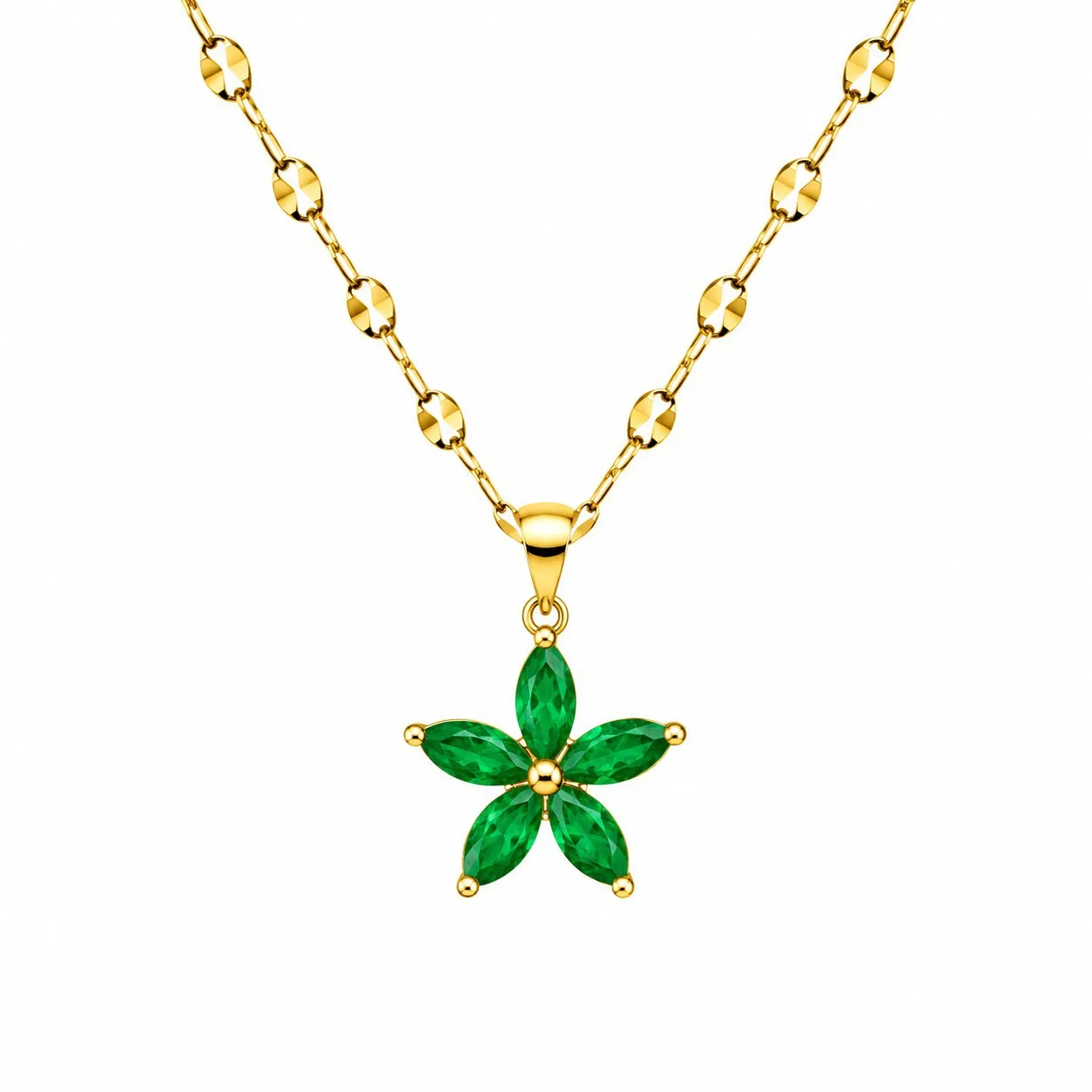 Cadena Y Dije En Acero Con Piedra Circon De Flor Pequeña Verde
