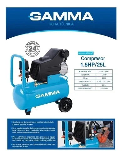 Compresor De Aire Gamma 1,5 Hp 25 L 220 V 50 Hz Color Celeste Fase eléctrica Monofásica 2