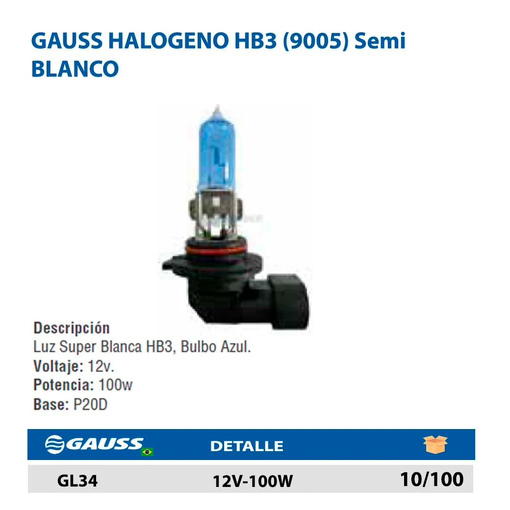 GAUSS HALOGENO HB3 (9005) Semi BLANCO 12V-100W
