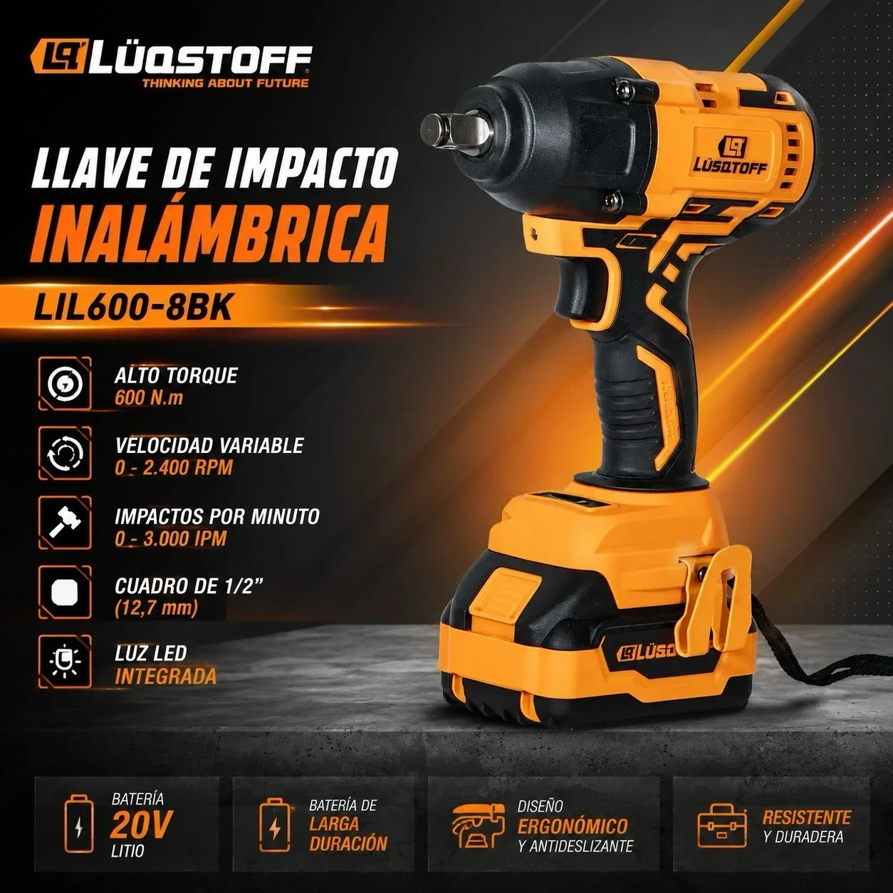 Llave De Impacto Inalam Lusqtoff C/bat Y Cargador Lil600-8bk
