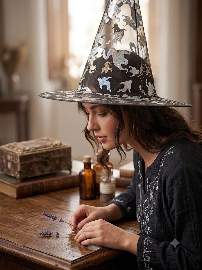 Sombrero de Bruja de Malla con Estampado Metalizado – Halloween y Disfraces  Descripción 2