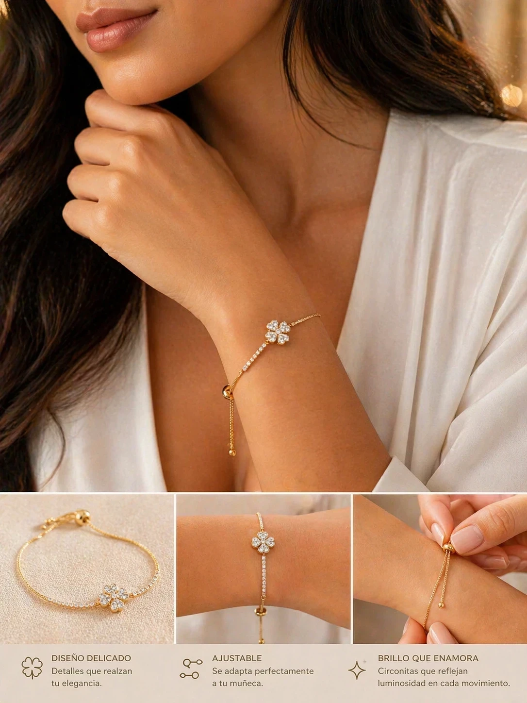 Pulsera ajustable trébol oro laminado 