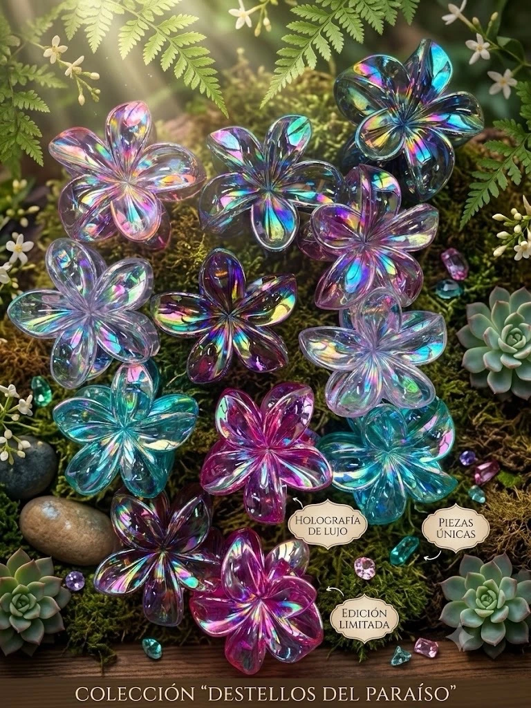 Pinzas para Cabello de Flor con Efecto Vidrio Vidrio Tornasol 🌈✨
