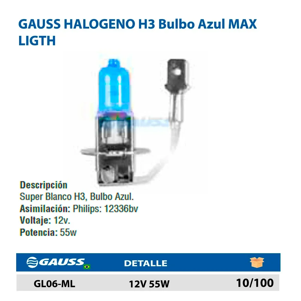 GAUSS HALOGENO H3 Bulbo Azul MAX LIGTH 12V 55W