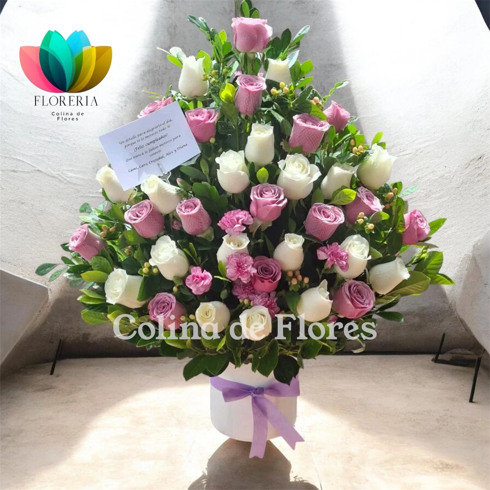 Box abanico de rosas mix y claveles 