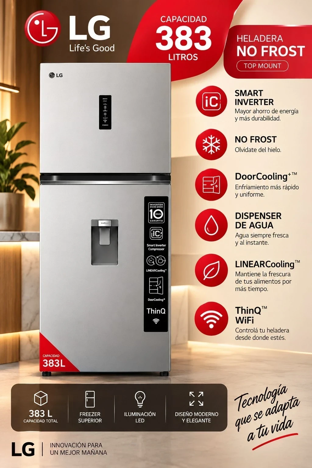 HELADERA LG 383L NO FROST C/DISPENSER SILVER INVERTER CONSULTAR DISPONIBILIDAD CON EL VENDEDOR