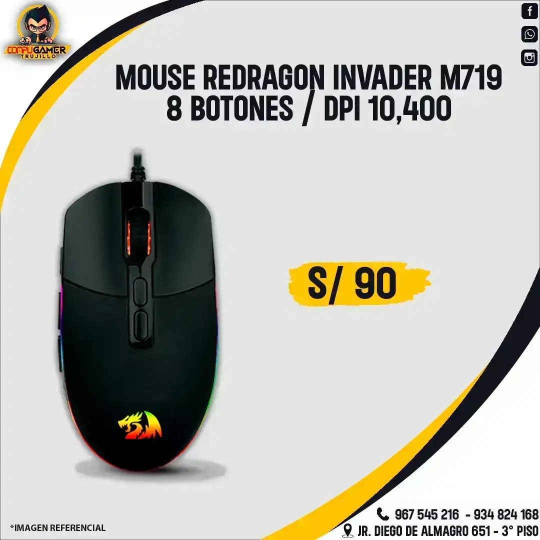 MOUSE GAMER REDRAGON INVADER M719 RGB BLACK 