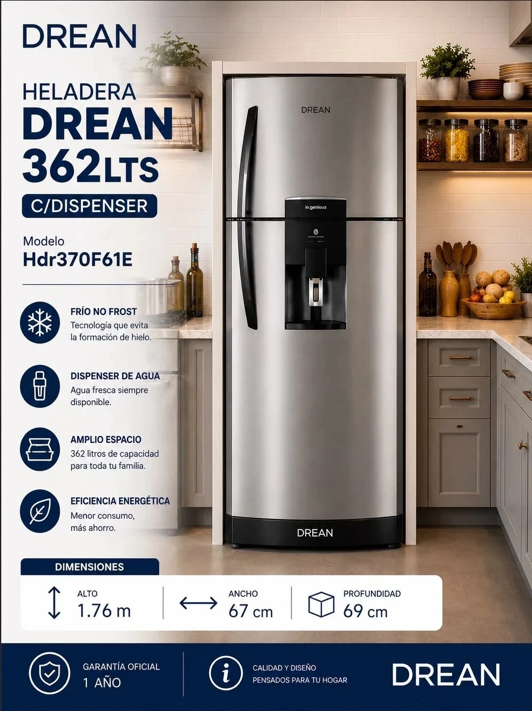 HELADERA DREAN HDR370F61FE DARK/SILVER 364LTS C/DISPENSER