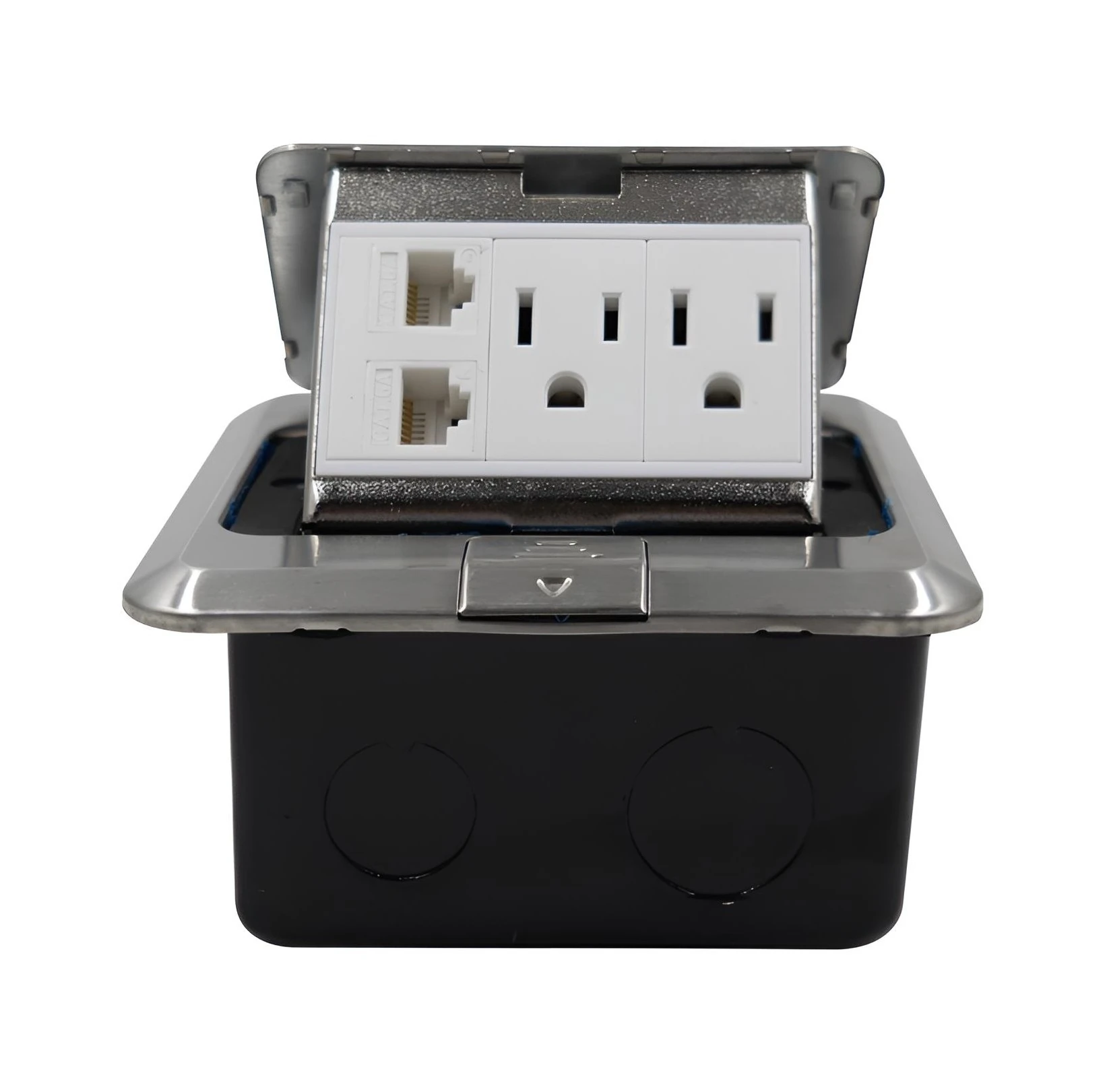 TOMACORRIENTE PISO DOBLE + 2 RJ45 PLATEADO