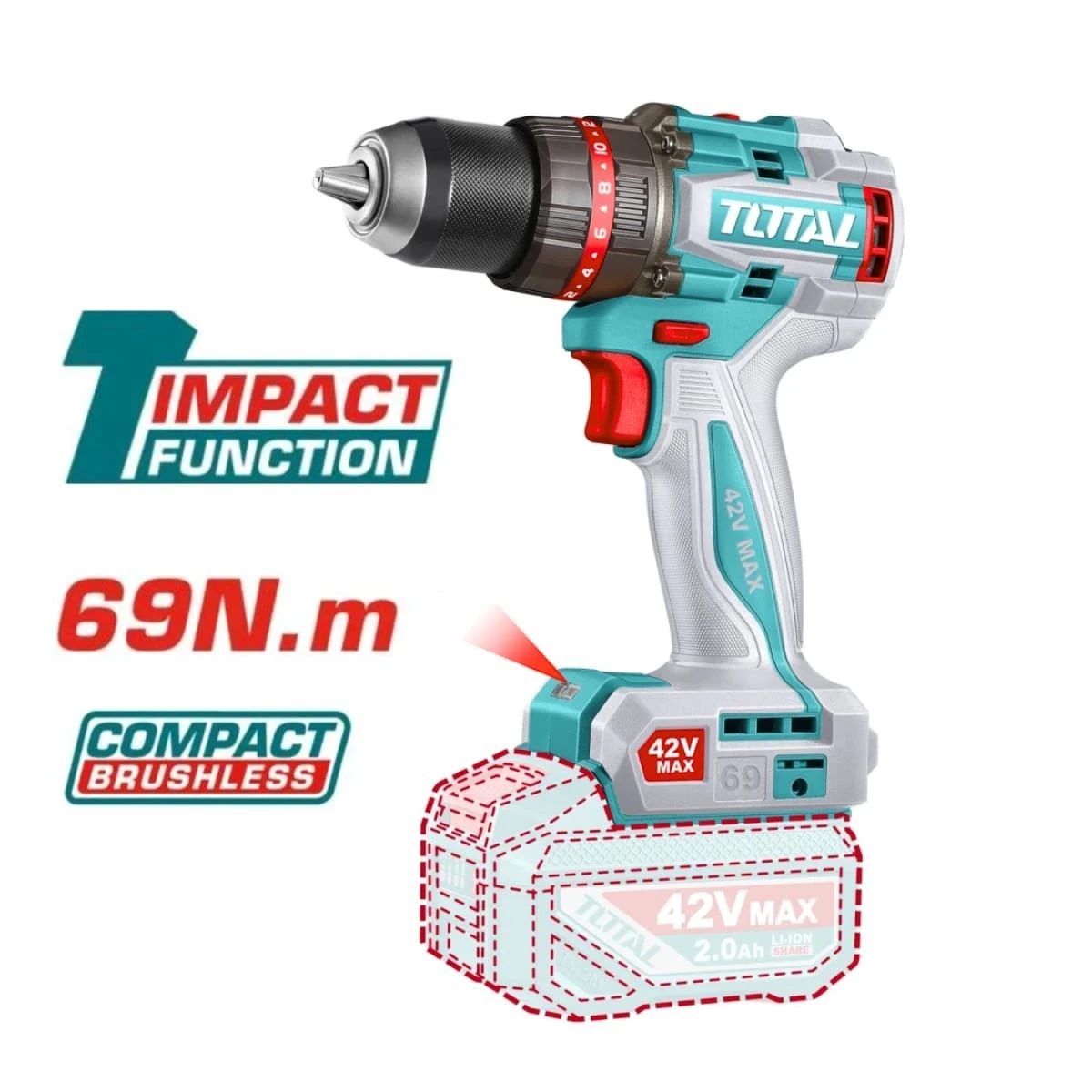 TIDLI426981 Taladro percutor 69nm + 1 batería y cargador 42v total 2