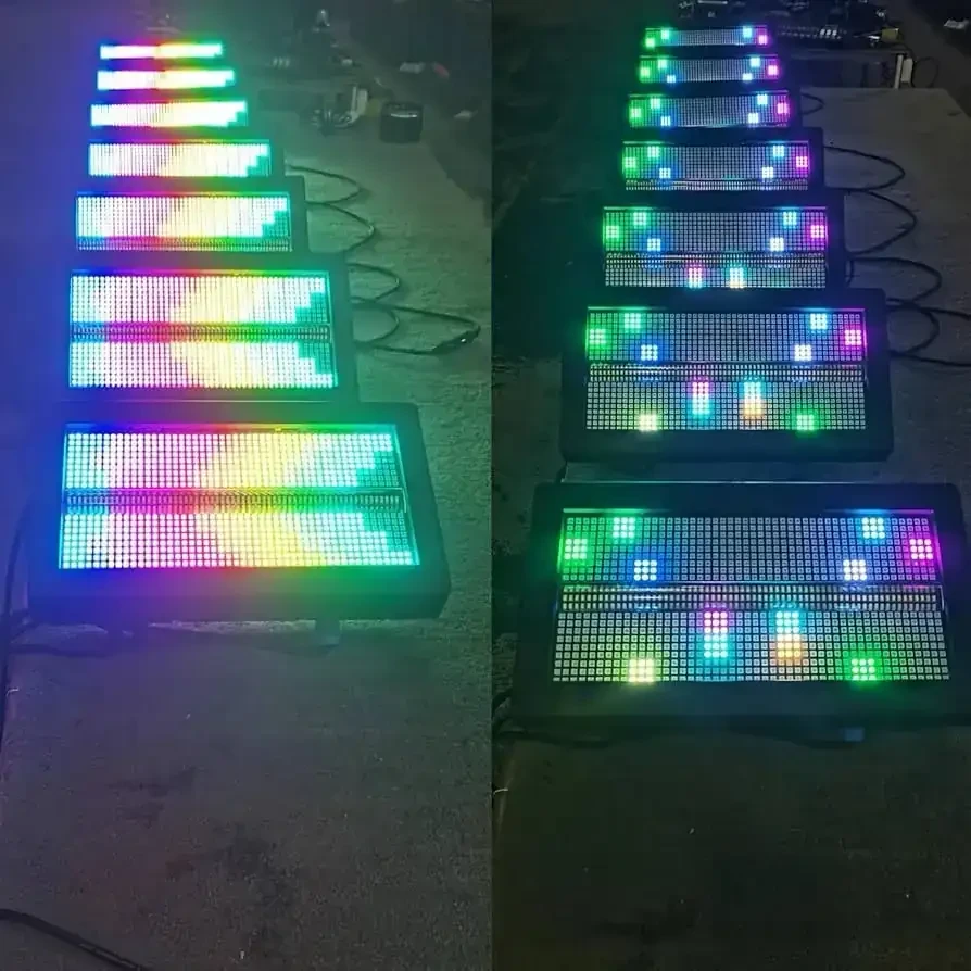 Luz estroboscópica LED de 1400 W   PANTALLA DIGITAL PROFESIONAL, ESTROBO LED DE 1400W RGBW PARA ESCENARIO  FORMAS Y USO CONTROL DJ MAS DE 1000 FORMAS A PROGRAMAR DEPENDE EL CLIENTE  Los más destacados   Color Negro - Forma Rectangular Material Metal Plástico Tipo de acabado Pintado Tipo de fuente de luz Diodo emisor de luz Material de la pantalla Metal  Fuente de luz: 256 abalorio LED blancas 3030 de 1 W, 864 abalorio LED 5050 RGB 3 en 1 de 0,2 W Efecto: 96 segmentos RGB+32 segmentos W+teñido+intermitente Modo de canal DMX 512: CH04, CH17, CH145 Atenuador: 0-100% atenuación electroeica lineal Modo de control: DMX512, auto, maestro esclavo, sonido activo 2