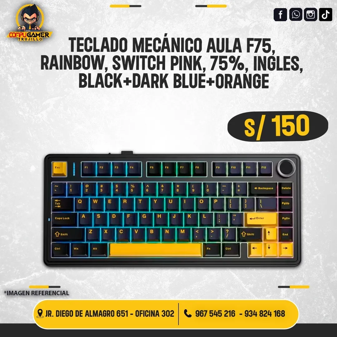 TECLADO MECÁNICO AULA F75, RAINBOW, SWITCH PINK, 75%, INGLÉS, BLACK + DARK BLUE+ORANGE