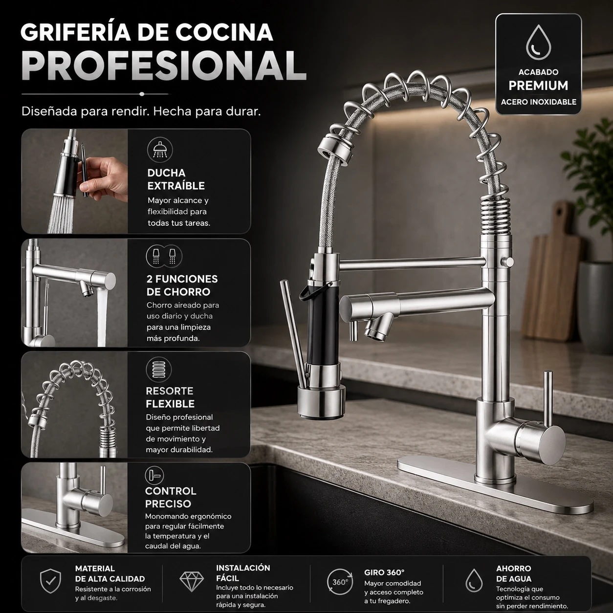 CANILLA MONOCOMANDO EXTENSIBLE CON PICO GIRATORIO Y FLEXIBLE