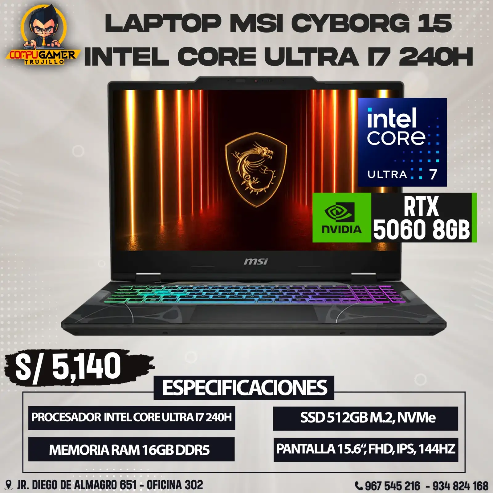LAPTOP MSI CYBORG 15 INTEL CORE ULTRA 7 240H, RAM 16GB, SSD 512GB, RTX 5060 8GB, 15.6", FHD, IPS, 144HZ 
