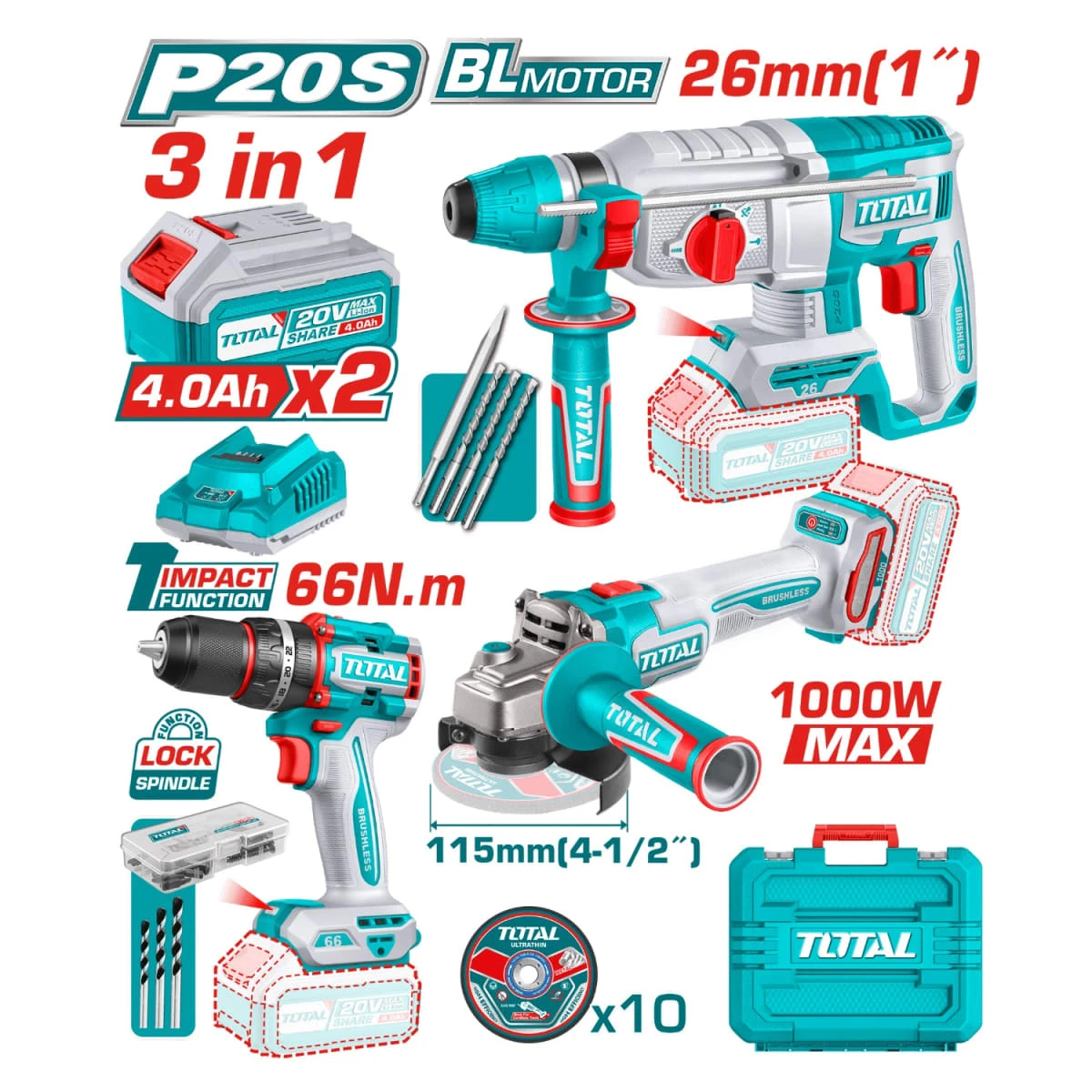 TOSLI241198 Mega combo industrial taladro + amoladora + rotomartillo total
