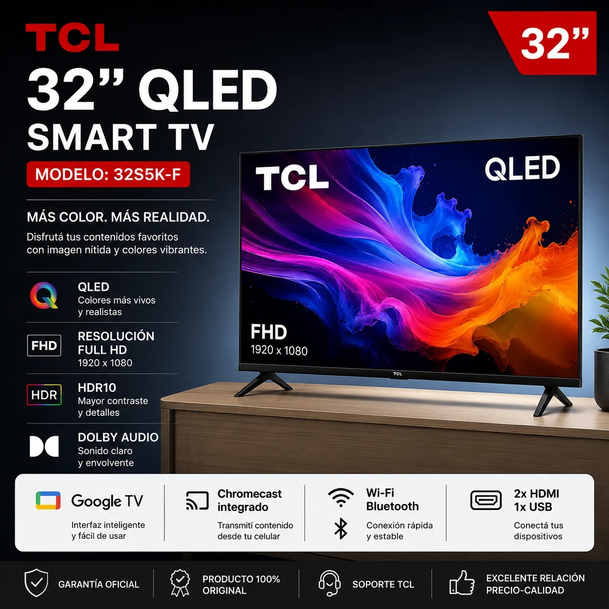 SMART TV TCL 32" QLED C/GOOGLE TV 