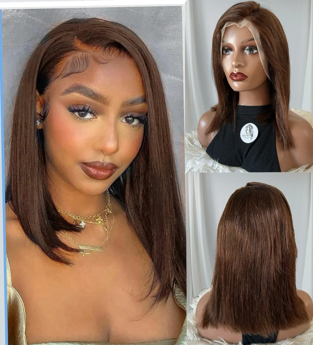 Pelucas de cabello humano virgen brasileño color chocolate 14 pulgada, densidad del 180 %,  13x4