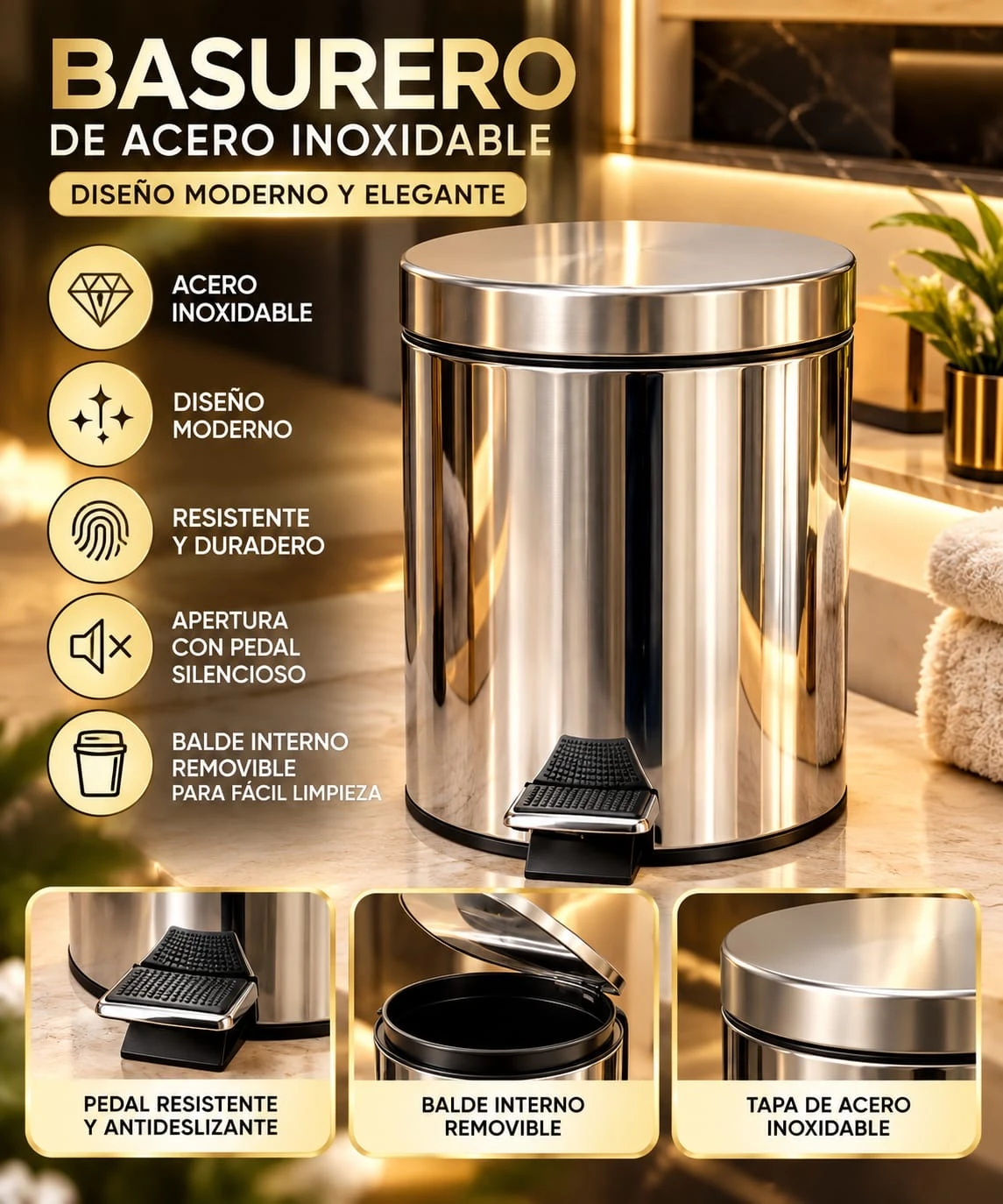 BASURERO DE ACERO INOXIDABLE
