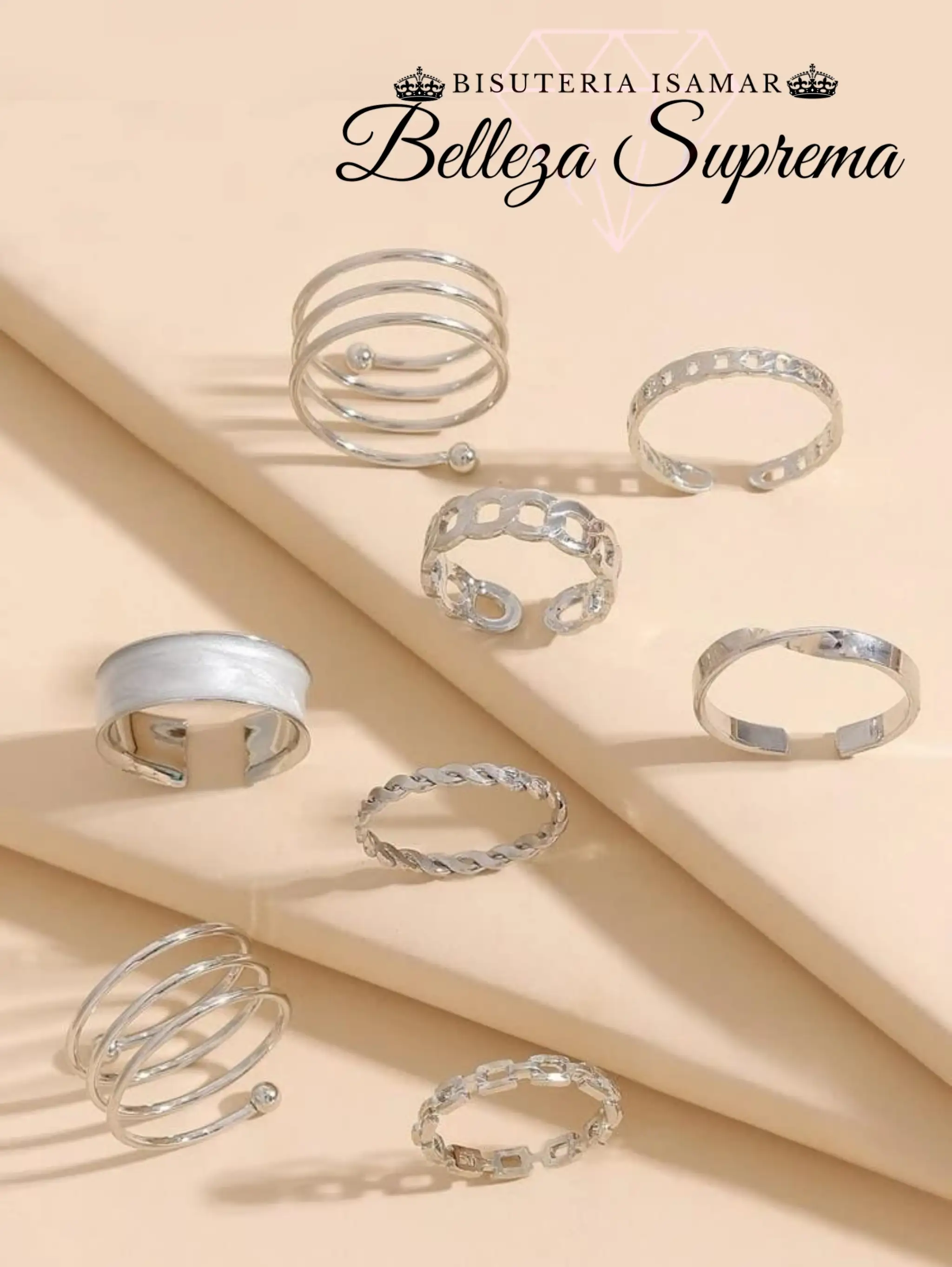 SET DE 8 ANILLOS PLATEADO BRILLANTE 3