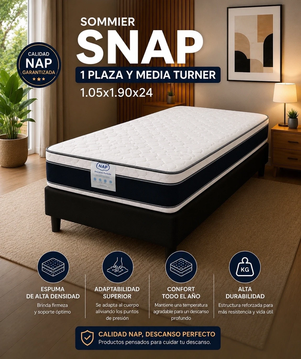 SOMMIER SNAP 1PLAZA 1/2 DOBLE PILLOW